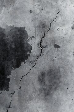Deep diagonal structural crack on distressed gray cement wall surface with weathered patches concrete structural