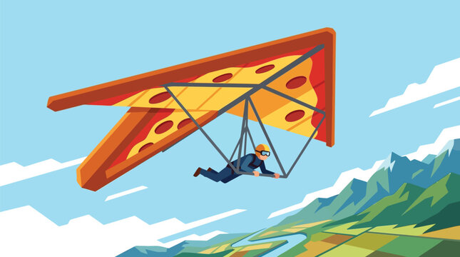 A vibrant vector illustration showing a daring pilot soaring through the open air using a large pizza shaped hang glider