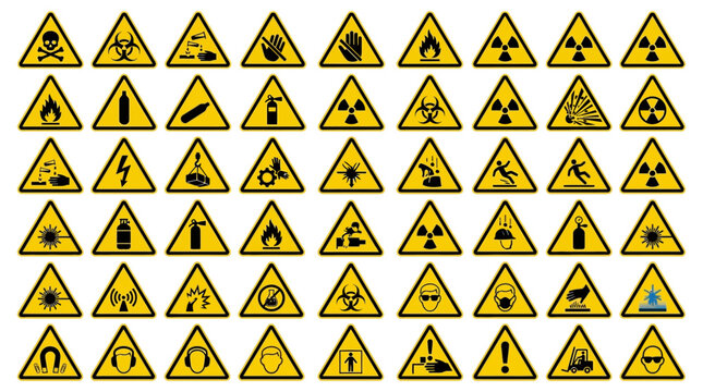 Large set of yellow triangular industrial hazard warning sign icons