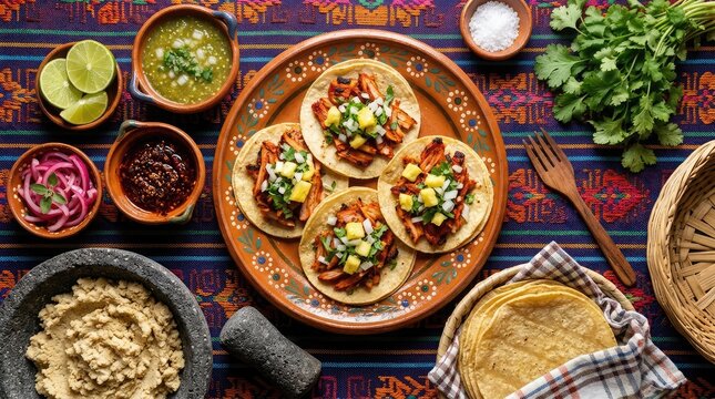 Authentic al pastor tacos with traditional mexican sides and ingredients