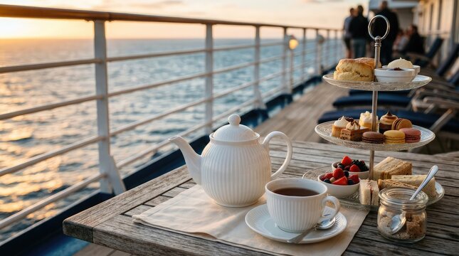 Elegant afternoon tea service on a cruise ship deck at sunset