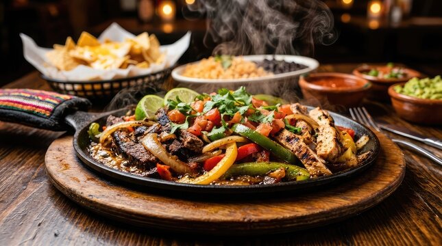 Sizzling fajitas platter with rice beans guacamole and nachos mexican cuisine