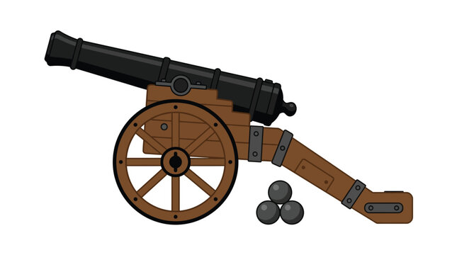 Vintage historical artillery cannon made of dark metal and wood with round iron cannon balls nearby