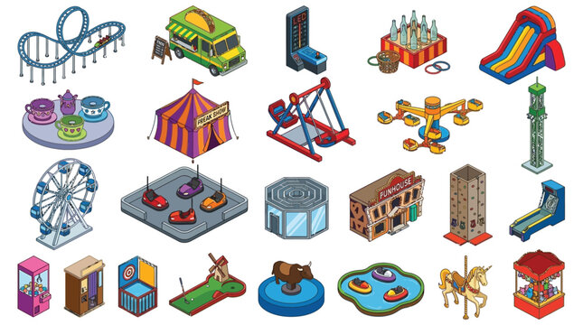 Amusement Park Ride Set Colorful Vector Illustration On White Background