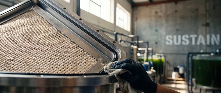 Algae bioreactor maintenance industrial technician cleaning steel bio filter in sustainable green energy technology facility, close up of hand in glove cleaning ecological manufacturing machinery.