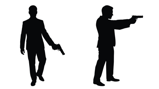 Two dark silhouettes of professional men in suits holding handguns against a clean white background