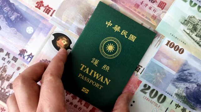 Taiwan, Taiwanese passport or id document with tickets for flight, travel, border crossing. Taiwanese passport and tickets as a background for your design