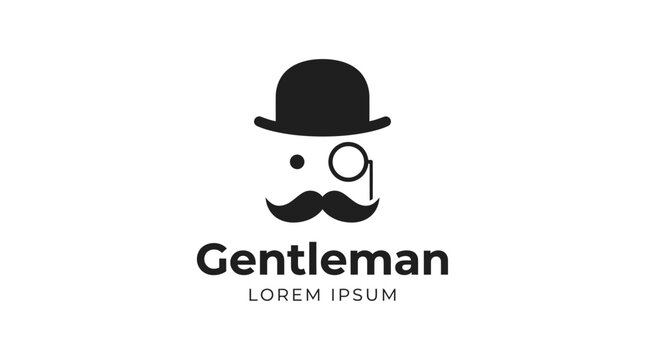 Minimalist black and white logo featuring a dapper gentleman wearing a classic bowler hat design
