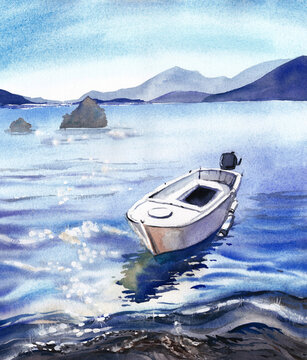 Watercolor painting of a small boat floating on the calm blue water with mountains in the distance