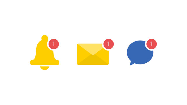 Set of flat notification icons including bell, email, and chat bubble with red alert badges for digital interfaces.