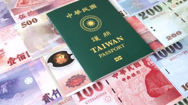 Taiwan, Taiwanese passport or id document with tickets for flight, travel, border crossing. Taiwanese passport and tickets as a background for your design