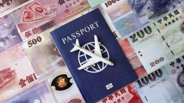 Taiwan, Taiwanese passport or id document with tickets for flight, travel, border crossing. Taiwanese passport and tickets as a background for your design