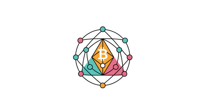 A colorful geometric logo with Bitcoin symbol.