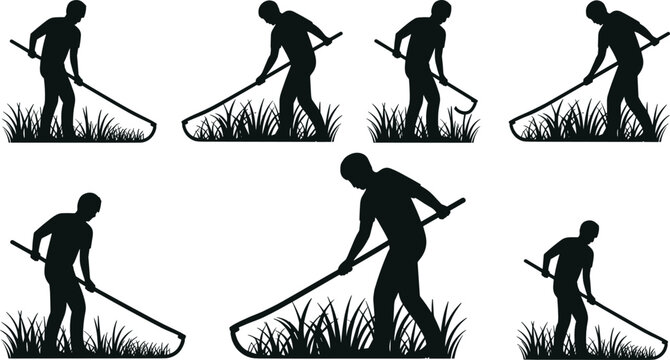 Mowing farmers flat vector illustration set. Active male silhouettes cutting tall field grass with traditional manual scythe tools present historic agricultural farming methods.