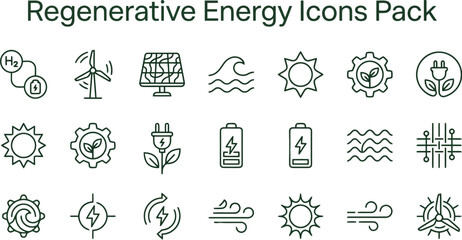 Fototapeta premium A comprehensive collection of green regenerative energy vector icons featuring solar panels wind turbines and sustainable battery power charging symbols