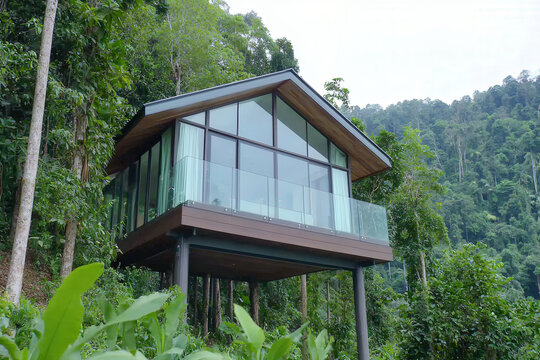 Modern house forest glass balcony architecture tropical villa nature hillside green modern house with glass balcony tropical forest hillside