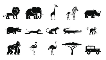 African safari animal silhouettes collection black flat icons on white background © Sadhin07