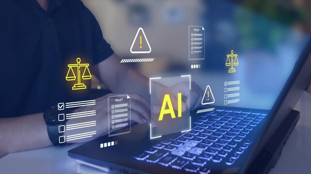 Artificial intelligence and law concept.  AI regulation, policy, ethics, and legal risk. Responsible AI technology and compliance standards. 