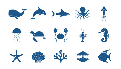 Marine life blue silhouettes collection featuring various sea creatures and ocean flora © Sadhin07