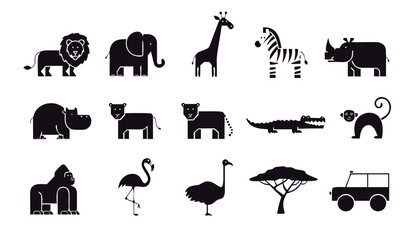 Safari animals black silhouette icons set isolated on white background. Vector illustration of safari animals. © Sadhin07