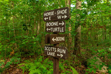 Wooden trail sign marking hiking routes through the forest at French Creek State Park, Pennsylvania. © Nicola