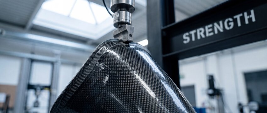 Carbon fiber strength testing machine compressing automotive composite component in industrial engineering laboratory for quality control, durability evaluation, and advanced material science.