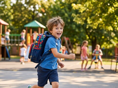 Happy young boy running in a playground with a colorful backpack. Cheerful elementary student enjoying recess outdoors. Back to school concept