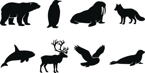 Arctic and Antarctic polar animals silhouette collection set vector illustration black isolated on white background © MSTJOSNA