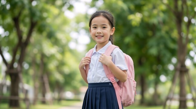Smiling Asian schoolgirl in uniform with pink backpack outdoors. Happy elementary student standing in a park with green trees