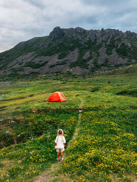 Child girl walking near camping tent family travel in Lofoten islands summer vacations in Norway outdoor, kid hiking enjoying mountain view and green valley with flowers