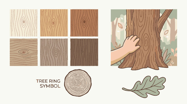 Vector illustration set of wood grain textures tree rings oak leaf and hand touching bark.