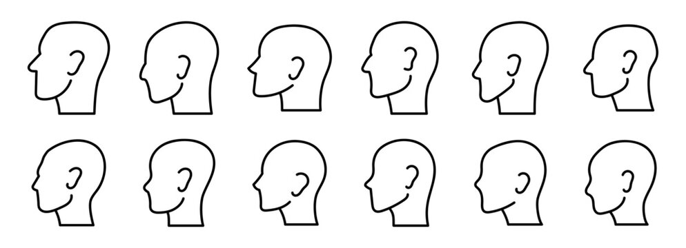 12 iconos de perfiles de cabeza para anatom&iacute;a que representan rostro, identidad y siluetas humanas, estilo l&iacute;nea