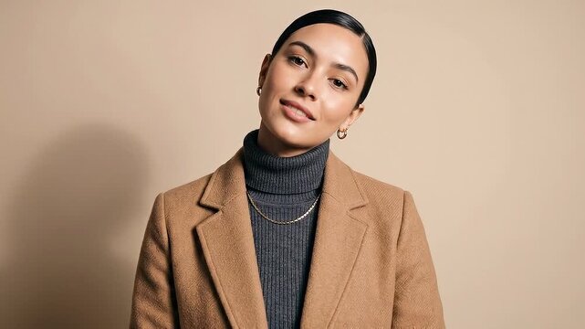 Tracking shot of woman tilting head and smiling while posing in indoor studio portrait with beige background warm lighting and neutral professional mood