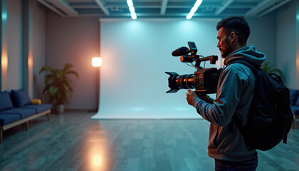 Fototapeta premium Cinematographer operating camera on a studio shoot with backdrop and professional lighting for corporate video production, commercial filming, cinematic content and creative media projects
