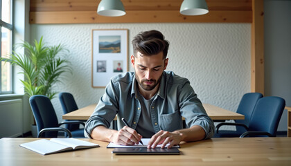 Fototapeta premium Freelance designer planning and sketching digital layouts on a tablet in a bright meeting room for project presentation, ui review, client proposal and remote collaboration workflow