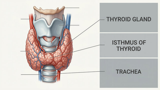 Vibrant anatomical portrayal of the human thyroid gland, its connecting isthmus, and the robust trachea structure