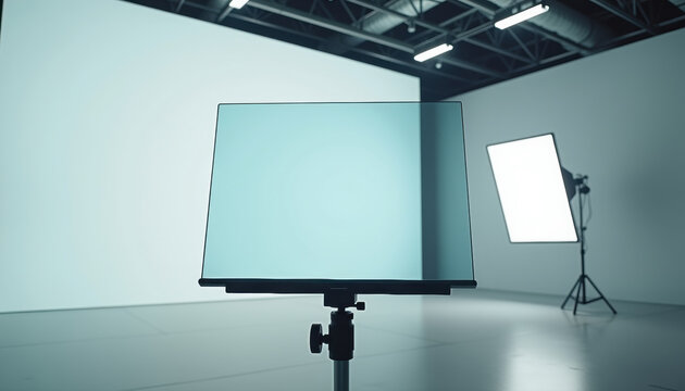 Studio teleprompter setup with glass panel on adjustable stand and softbox lighting for video production recording interviews and live streaming workflows