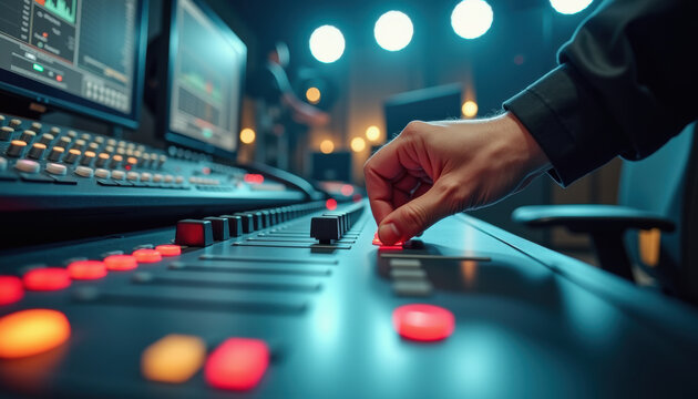 Sound engineer adjusting faders on an audio mixer console in a control room for live mixing, broadcast production, music session management and podcast postproduction workflow