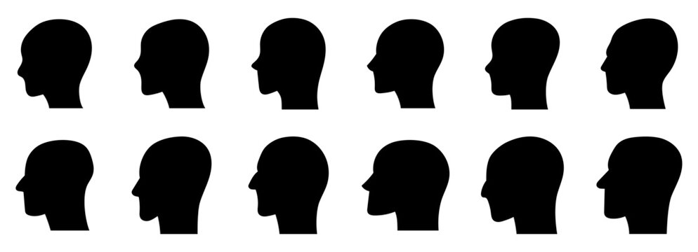 12 iconos de siluetas de cabeza para perfiles de usuario que representan identidad, avatares y personas, estilo s&oacute;lido
