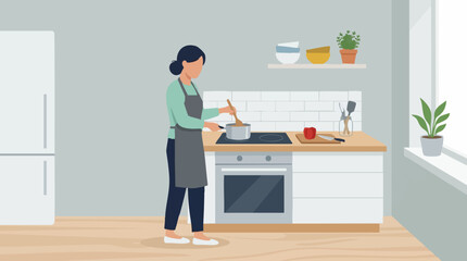 Fototapeta premium Woman cooking in a modern kitchen, stirring food in a pot on the stove