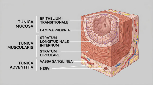 A vibrant three dimensional cross section meticulously illustrates the complex layers composing a hollow organ wall