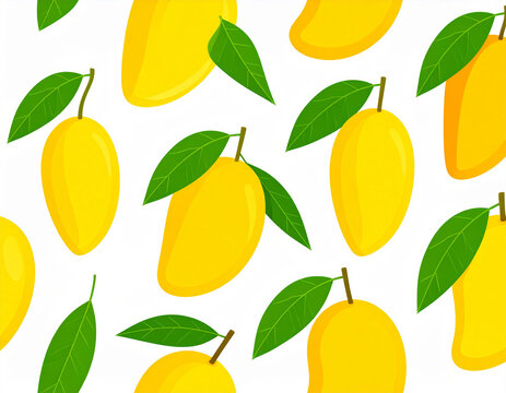Yellow Mangoes and Green Leaves Seamless Background