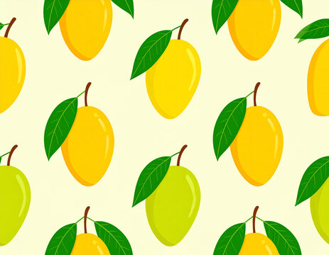 Yellow Mangoes and Green Leaves Pattern Background