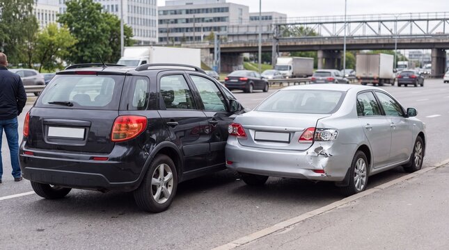 Two cars involved in a minor traffic accident on a busy city street with blurred vehicles and buildings in the background