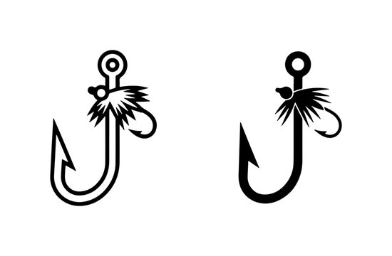 Fishing Hook Icons, Fly Lure Vector Graphics, Angling Equipment Symbols, Black and White