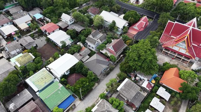 Wat Asokaram. Aerial drone footage of Phra Thutangkha Chedi at Wat Asokaram in Samut Prakan Thailand. Aerial view Thai landmark or travel destination for tourist who seeing Thai architecture culture.