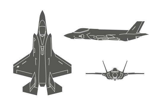 Drawings united states modern combat aeroplane F35. Different views of a fighter jet showing front, side, and top perspectives of the aircraft. Vector illustration.