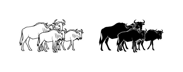 Wildebeest herd vector illustration, black and white line art and silhouette, wildlife safari animals © Tamim