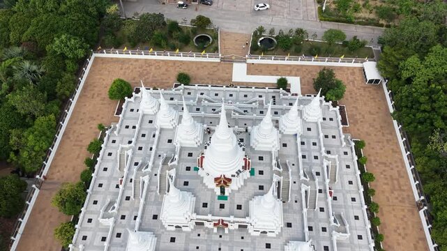 Wat Asokaram. Aerial drone footage of Phra Thutangkha Chedi at Wat Asokaram in Samut Prakan Thailand. Aerial view Thai landmark or travel destination for tourist who seeing Thai architecture culture.