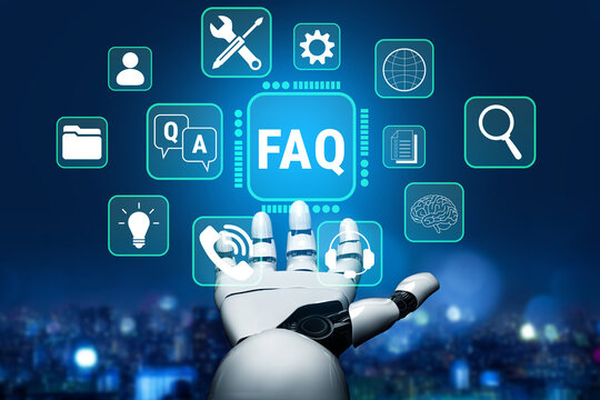Futuristic Robot Hand Interacting with Technological Icons Depicting Online FAQ and Support Concepts in a Digital Environment Fluxor.